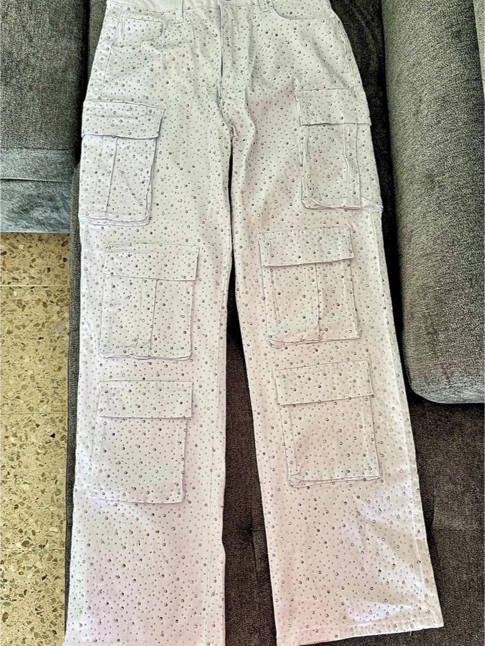 White Rhinestone Cargo Pants in White Size S.